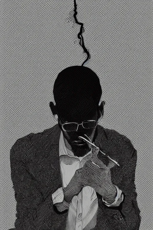 Image similar to hyperdetailed portrait of a man smoking a cigarette, by nicholas delort, artstation, smooth, graphic black and white. intricate, elegant, central composition, golden ratio,