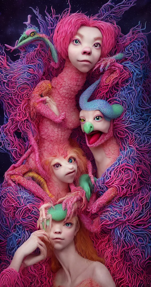 Image similar to hyper detailed 3d render like a Oil painting - kawaii portrait of two Aurora (a beautiful skeksis muppet fae princess protective playful from dark crystal that looks like Anya Taylor-Joy) seen red carpet photoshoot in UVIVF posing in scaly dress to Eat of the Strangling network of yellowcake aerochrome and milky Fruit and His delicate Hands hold of gossamer polyp blossoms bring iridescent fungal flowers whose spores black the foolish stars by Jacek Yerka, Ilya Kuvshinov, Mariusz Lewandowski, Houdini algorithmic generative render, Abstract brush strokes, Masterpiece, Edward Hopper and James Gilleard, Zdzislaw Beksinski, Mark Ryden, Wolfgang Lettl, hints of Yayoi Kasuma and Dr. Seuss, octane render, 8k