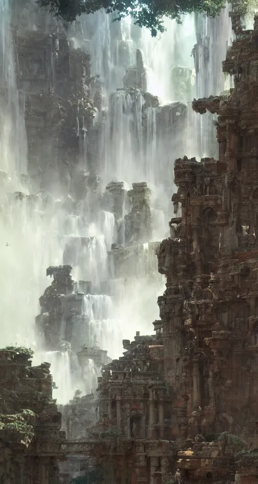 Image similar to looking up at ancient temple ruins interior, waterfall, huge statues, intricate, elegant, vivid colors, highly detailed, john park, craig mullins, sparth, ruan jia, jeffrey catherine jones