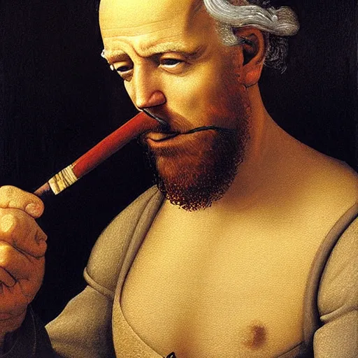 Image similar to a hyper realistic painting of joe Biden smoking a crack pipe. Leonardo da Vinci. Masterpiece 4k