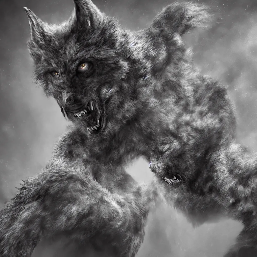 Image similar to portrait of man transforming into a werewolf with grey realistic fur, high detail, hyper realism, unreal engine, 8 k