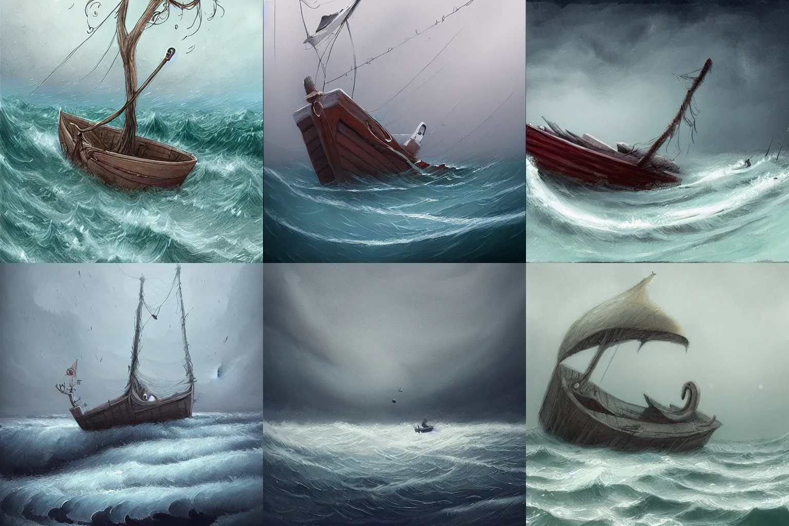 Prompt: a boat lost in a strong storm, by tony sandoval.