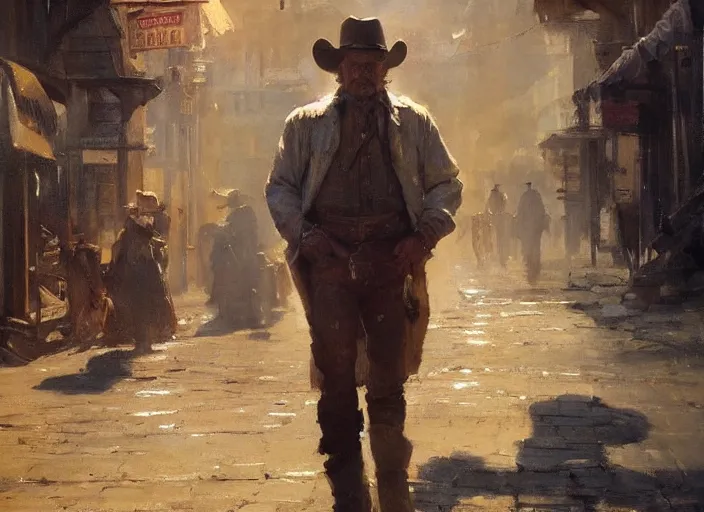 Prompt: oil painting of old rugged cowboy in wild west street setting, art by anders zorn, wonderful masterpiece by greg rutkowski, beautiful cinematic light, american romanticism by greg manchess, reflections in copper, sunlight, dust and steam