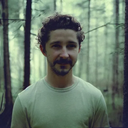 Prompt: Moonlit long shot of Shia Labeouf, eyes glinting, smiling eerily and holding a knife, peering through foliage in the forest at night, Eastman Color Negative II 100T 5247, ARRIFLEX 35 BL Camera
