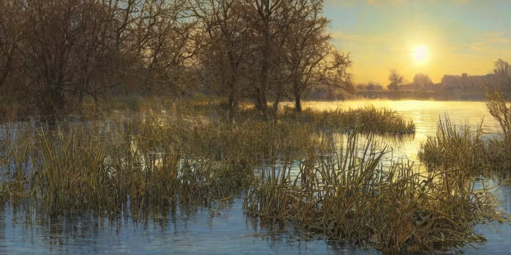 Prompt: a beautiful lake landscape in winter, romantic ambiente, reed on riverbank, no mountains, clear sky, sunshine, colorful, by Mohrbacher and Moebius and Alphonse Mucha and Roger Deakins, cinematic lighting, masterpiece, highly detailed, 8k resolution, trending on art station