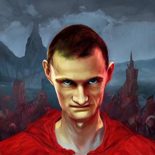 Prompt: Vitalik Buterin as a overlord in the style of Marc Simonetti