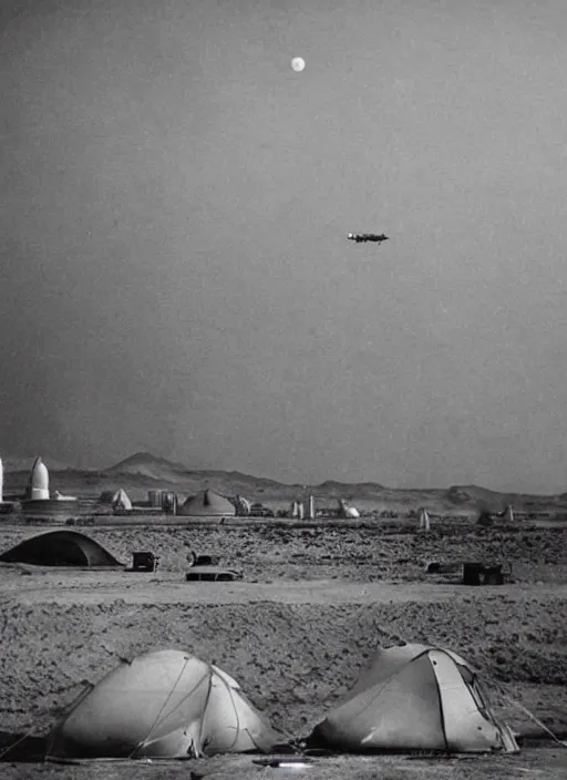 Prompt: in the night huge zeppelins fire over tents in the desert rockets and lasers, smoke, black sky, moon