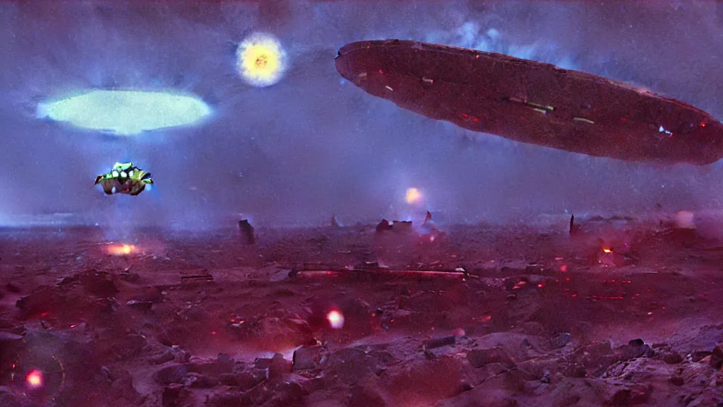 Image similar to eerie atmospheric alien planet with a small dropship pod landing by paul lehr and jack gaughan and john schoenherr, epic cinematic matte painting