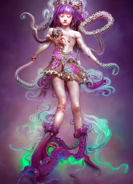 Image similar to A full body shot of a cute young magical girl wearing an ornate dress made of opals and tentacles. Monster GIrl. Subsurface Scattering. Dynamic Pose. Translucent Skin. Rainbow palette. defined facial features, symmetrical facial features. Opalescent surface. Soft Lighting. beautiful lighting. By Giger and Ruan Jia and Artgerm and WLOP and William-Adolphe Bouguereau. Photo real. Hyper-real. Photorealism. Fantasy Illustration. Sailor Moon hair. Masterpiece. trending on artstation, featured on pixiv, award winning, cinematic composition, dramatic pose, sharp, details, Hyper-detailed, HD, HDR, 4K, 8K.