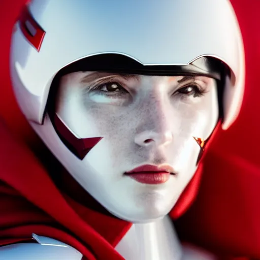 Image similar to headshot of an beautiful female soldier in glossy sleek white armor with tiny red details and a long red cape, downward angle, determined expression, on the surface of mars, night time, dramatic lighting, cinematic, sci-fi, hyperrealistic