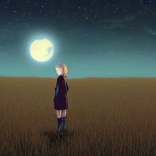 Prompt: A lone girl standing in the middle of a dark night, with stars and a bright moon in the sky, surrounded by a field of tall grass, digital painting, nocturnal, moody, ethereal, artstation, 4k, by Takeshi Obata and Shinobu Ohtaka