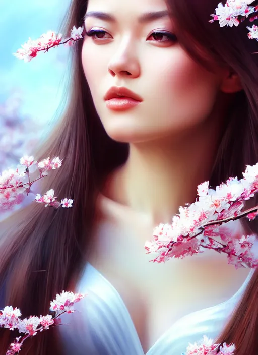 Image similar to photo of a gorgeous female in the style of stefan kostic, realistic, half body shot, sharp focus, 8 k high definition, insanely detailed, intricate, elegant, art by stanley lau and artgerm, extreme blur cherry blossoms background