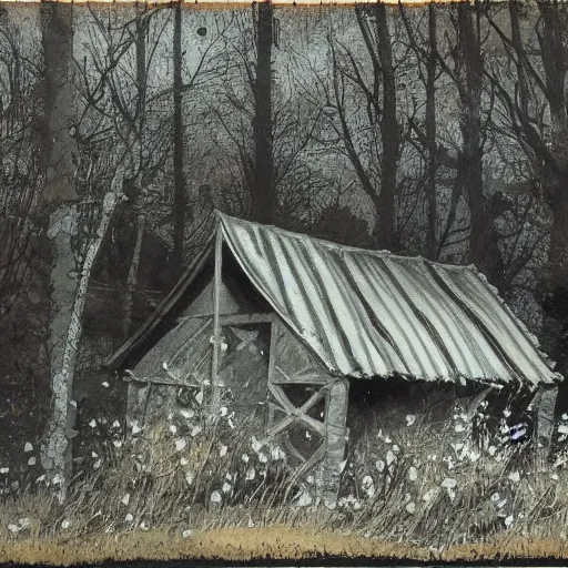 Image similar to a crumbling shed in the woods at night by simon bisley