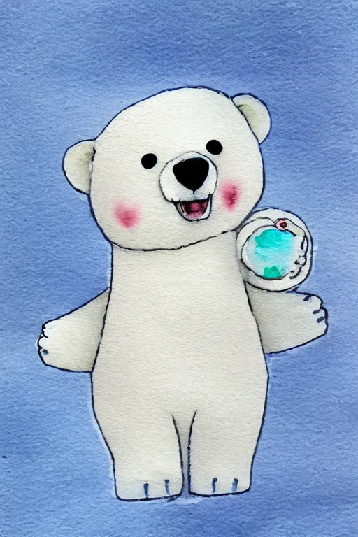 Prompt: a cute anime polar bear holding a porcelain, watercolor, white background, lovely