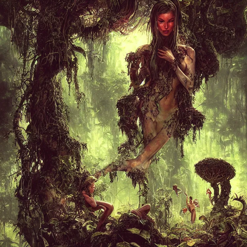 Image similar to a close - up dark sci - fi portrait of a angelic alien nymph girl overgrown with mushrooms in a jungle. reflective textures. glowing fog in the background. highly detailed science fiction painting by norman rockwell, frank frazetta, and syd mead. rich colors, high contrast, gloomy atmosphere, dark background. trending on artstation