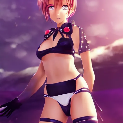 Image similar to cute anime anime girl wearing latex bikini. cinematic dramatic atmosphere, sharp focus, volumetric lighting. world or warcraft