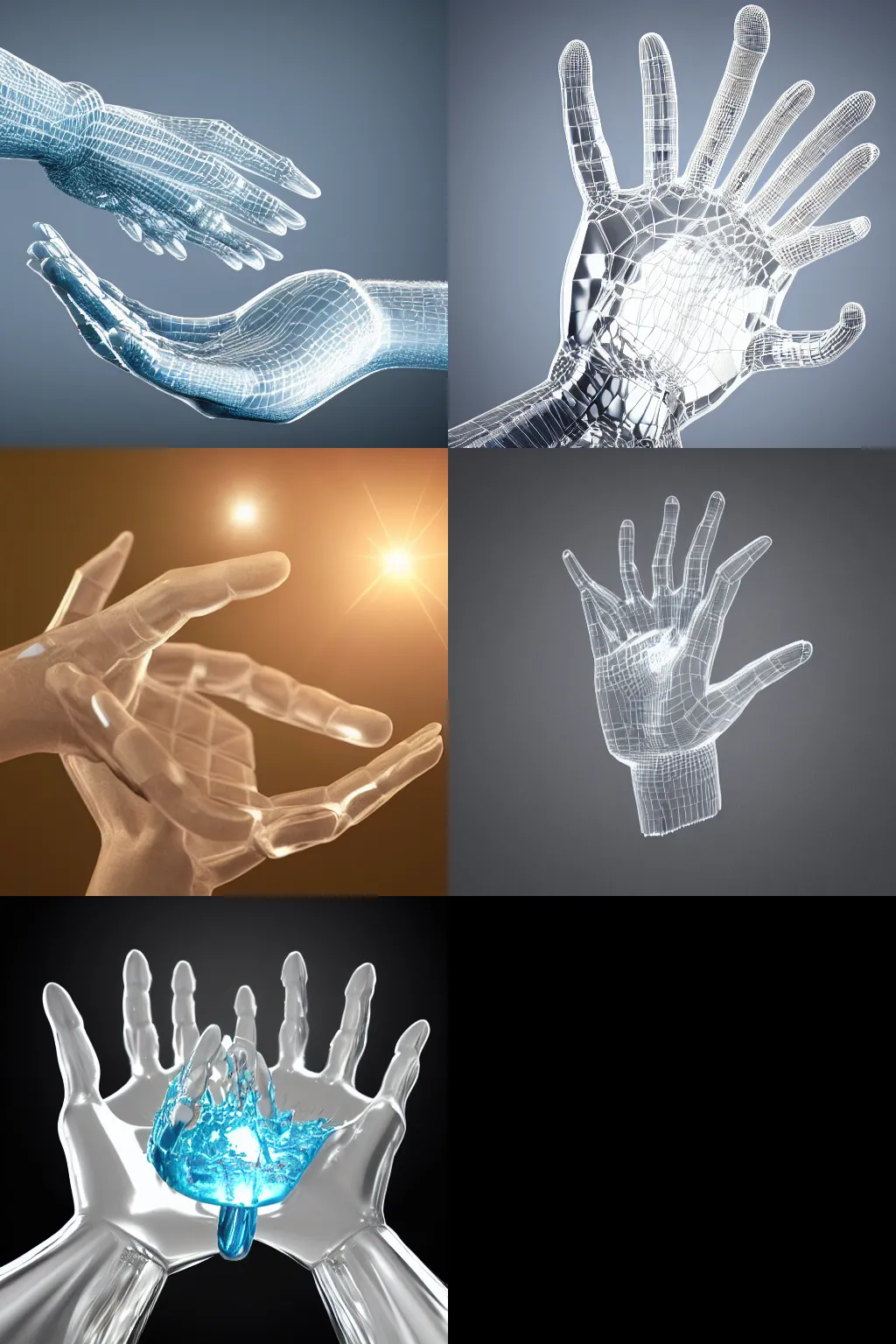 Prompt: crystal hand coming out of water 3d render, octane render, photorealistic highly detailed aesthetic