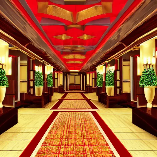 Image similar to isometric view of a lavish hotel lobby, full of cherry, wood and red carpet and golden accents on the walls, high quality, digital art