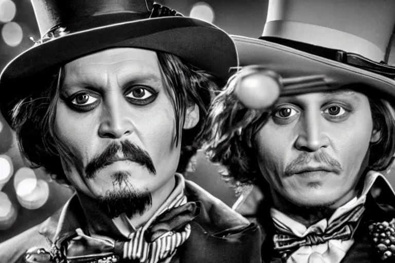 Image similar to johnny depp as a character in willy wonka's chocolate factory movie directed by tim burton, all faces are distorted contorted, shock, repulsion, disgust, annoyance, cinematic still, movie still, long lens, shallow depth of field, bokeh, anamorphic lens flare, 8 k