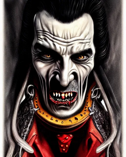 Prompt: dracula, character portrait, close up, concept art, intricate details, highly detailed, photorealism, hyperrealism in the style of otto dix and h. r giger