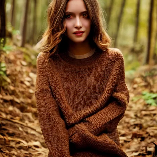 Image similar to real life photo of a beautiful girl, full body photoshoot, long brown hair, brown eyes, full round face, short smile, belly free, brown sweater, forest setting, cinematic lightning, medium shot, mid - shot, highly detailed, trending on artstation, unreal engine 4 k, 8 0 mm, 8 5 mm, cinematic wallpaper