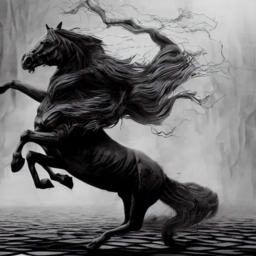 Image similar to a chess piece comes alive, the horse jumps over the wooden chessboard, fantasy art, in the style of greg rutkowski, illustration, epic, fantasy, intricate, hyper detailed, artstation, concept art, smooth, black and white, sharp focus, ray tracing