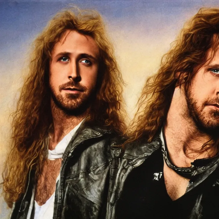 Prompt: Pre-Raphaelite portrait of Ryan Gosling as the leader of a cult 1980s heavy metal band standing on the hood of a muscle car, with very long blond hair and grey eyes, high saturation