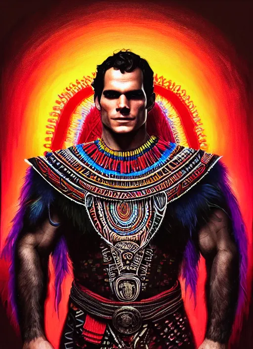 Image similar to portrait of henry cavill, hyper detailed ultra sharp aztec shaman warrior. trending on artstation, warpaint aesthetic, bloodwave, colorful, psychedelic, ornate, intricate, digital painting, concept art, smooth, sharp focus, illustration, art by artgerm and greg rutkowski and h. r. giger, 8 k