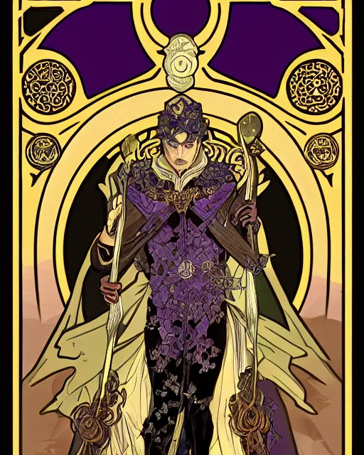 Image similar to tarot card, half - body, the devil, demon male, black and purple robes, beautiful, medieval, super detailed, ornate, by alphonse mucha, stjepan sejic, symmetry, 8 k, sharp focus