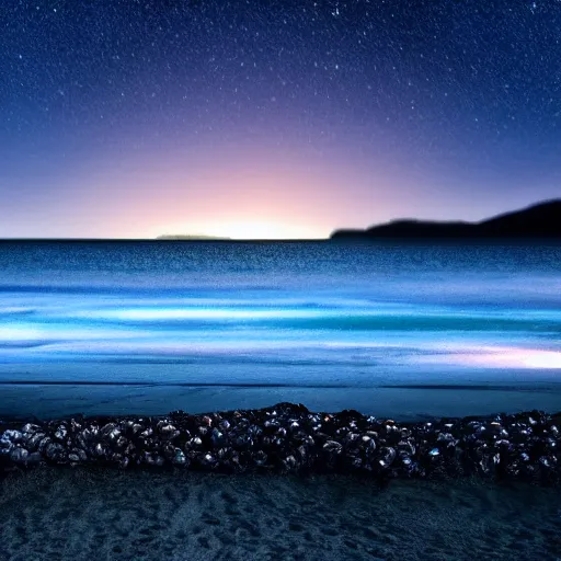 Prompt: nighttime view of beach on the ocean, bioluminescent on the edges of waves, realistic, fine detail, 4k, amazing