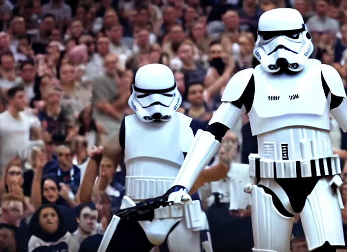 Image similar to ESPN still of Storm Trooper playing in the nba playoffs live on espn, 4k