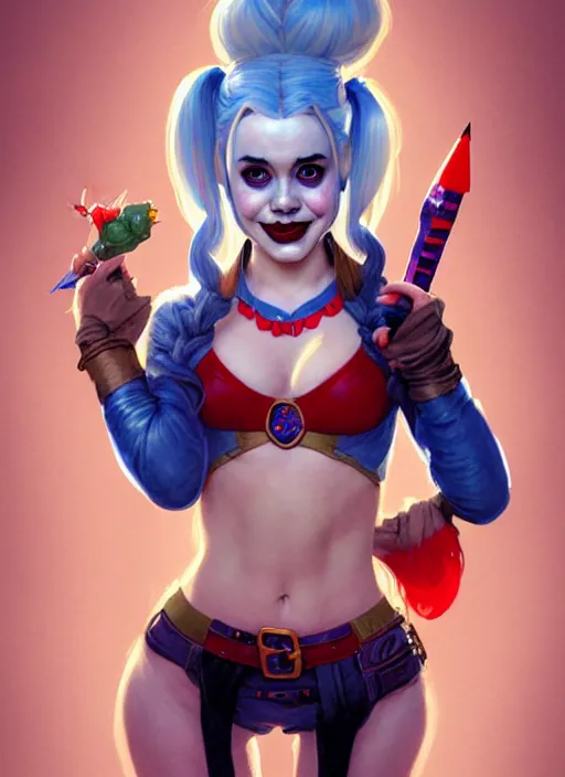 Image similar to harley quinn as a gnome queen, girl, masterpiece, intricate, elegant, highly detailed, my rendition, digital painting, artstation, concept art, smooth, sharp focus, illustration, art by artgerm and greg rutkowski and alphonse mucha and uang guangjian and gil elvgren and sachin teng, symmetry!!