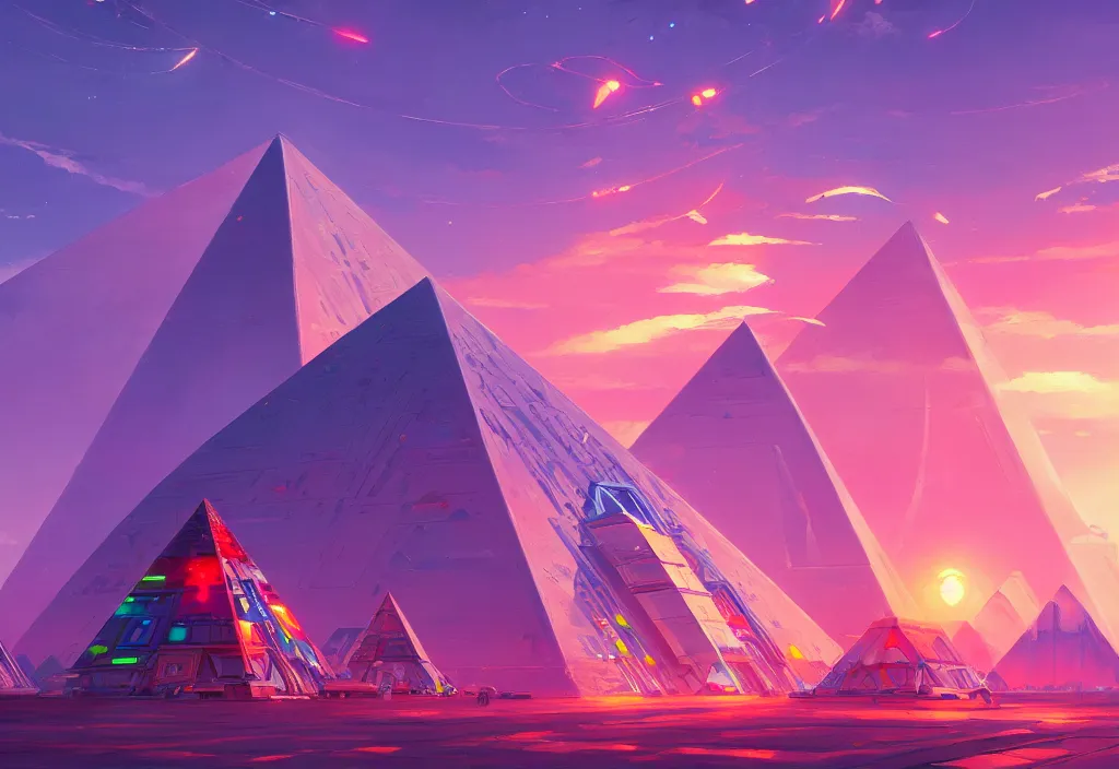 Image similar to a small chubby futuristic pyramid with neons at dawn, intricate oil painting, high detail illustration, sharp high detail, manga and anime 1 9 9 9, official fanart behance hd artstation by jesper ejsing and makoto shinkai, 4 k,