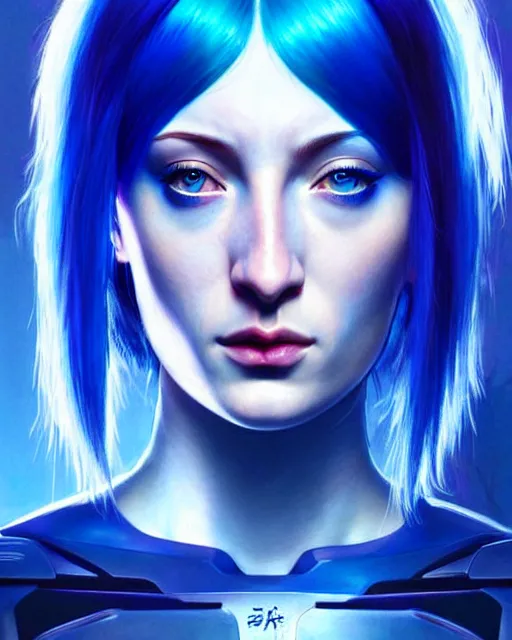 Image similar to electric blue haired cyborg muscular sophie turner in ghost in the shell poster, artgerm, jeremy lipkin, fine detail!!