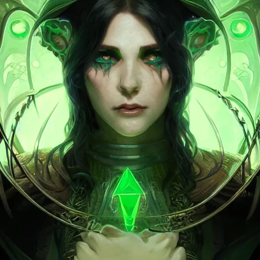 Image similar to portrait of a evil necromancer with green glowing eyes, D&D, fantasy, intricate, elegant, highly detailed, digital painting, artstation, concept art, smooth, sharp focus, illustration, art by artgerm and greg rutkowski and alphonse mucha