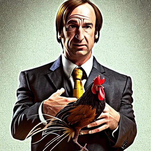 Image similar to saul goodman and a rooster in a medieval torture chamber, saw blades and knives in the background, horror movie, saul goodman, rooster, real life photo, detailed face