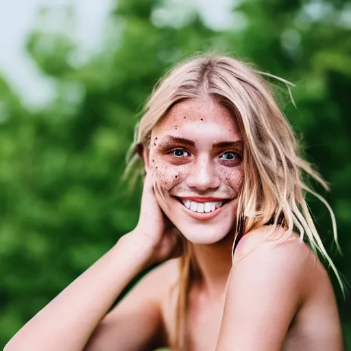 Image similar to a trending photo of over a million views from a female fashion model's instagram account, summer, freckles, smile, green eyes, natural, easygoing, healthy, nikon, leica, zeiss, 5 0 mm lens, flash fill, f 1. 8 depth of field