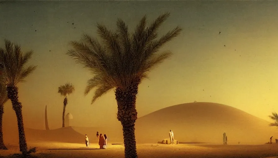 Prompt: an arabian desert village during an alien invasion at night, a big flying saucer ufo in the sky, dunes, oasis, palm trees, an arab standing watching over, artwork by ivan aivazovsky