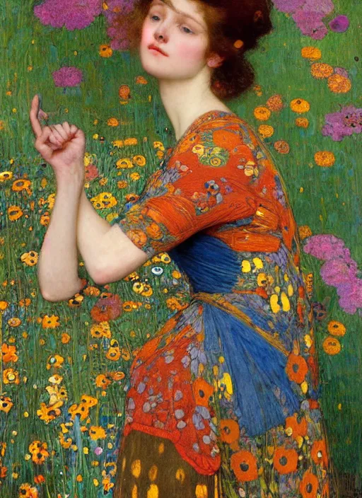 Prompt: a beautiful woman in a colorful dress surrounded by colorful patterns and flowers by john william waterhouse and gustave klimt and and edgar maxence and michael whelan, artistic, intricate realistic fantasy, extremely detailed and beautiful face, 8 k resolution, dramatic lighting