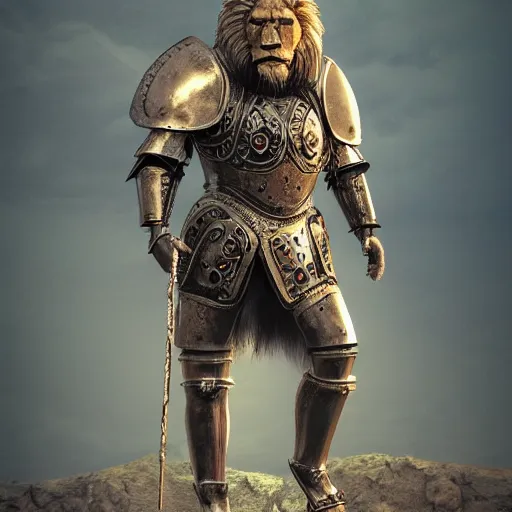 Image similar to Humanoid lion with medieval armor standing on two legs, fantasy, trending on artstation, realistic, digital art