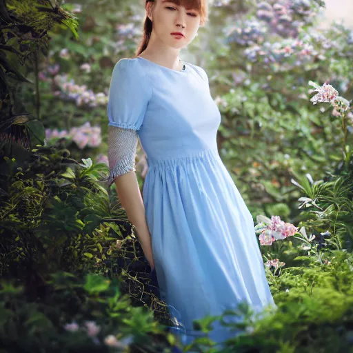 Image similar to portrait of a lady wearing a light blue dress, light, airy, garden, photorealistic, extreme detail, sharp focus, 8 k, intricate, hyper detailed, realistic, cinematic lighting