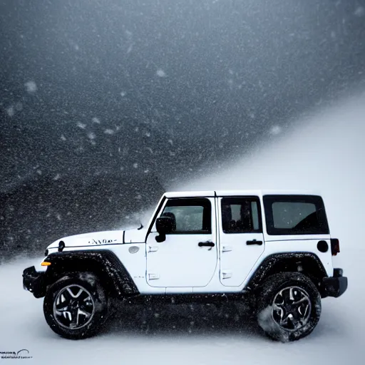 Image similar to white jeep wrangler driving up snow covered mountain on edge of a cornice, dreamy atmosphere, snowing, dramatic lighting, cinematic, photo realism