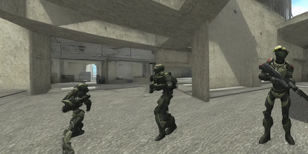 Prompt: master chief in counter strike dust 2 map