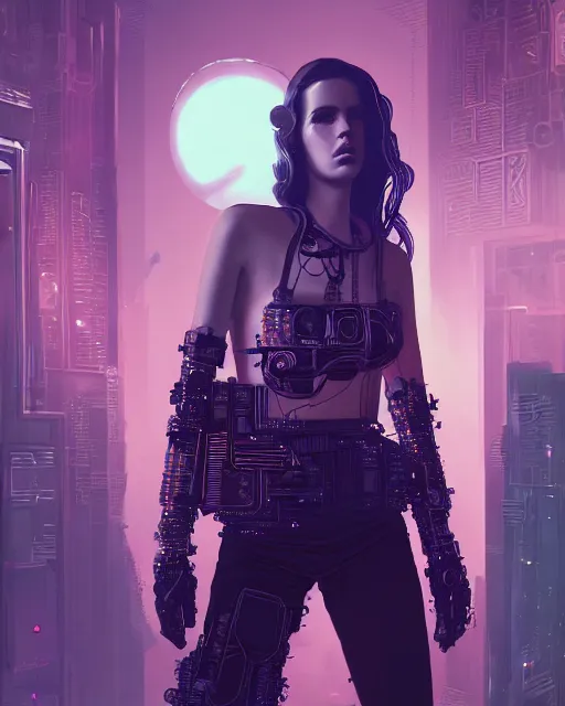 Image similar to portrait of lana del rey as a cyberpunk cyborg. roses, sci - fi, intricate abstract, upper body, intricate artwork, by tooth wu, wlop, beeple, dan mumford. concept art, 8 k octane render, deviantart, greg rutkowski, cinematic, key art, hyperrealism, iridescent accents