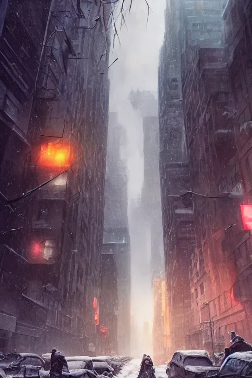 Image similar to Street in post apocalyptic Manhattan new york after a Blizzard, snow Storm, dramatic lighting, cinematic, establishing shot, extremly high detail, photo realistic, cinematic lighting, post processed, concept art, artstation, matte painting, style by eddie mendoza, raphael lacoste, alex ross