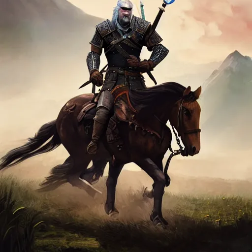 Image similar to geralt the witcher 3 riding a horse with obama, d & d, fantasy, intricate, elegant, highly detailed, digital painting, artstation, concept art, matte, sharp focus, illustration, hearthstone, art by artgerm, art by greg rutkowski, art by alphonse mucha