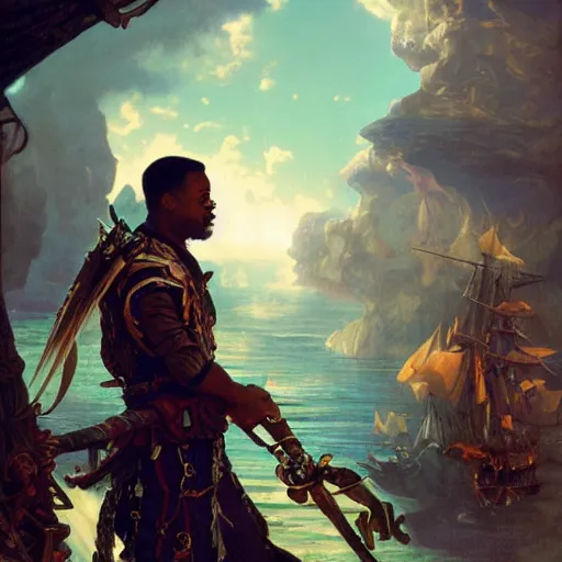 Prompt: chris rock dressed as a pirate and will smith dressed as a ninja, by adolf hiremy - hirschl and greg rutkowski and alphonse mucha, cosmic, intricate detail, cinematic, 8 k, cel shaded, unreal engine, featured on artstation, pixiv