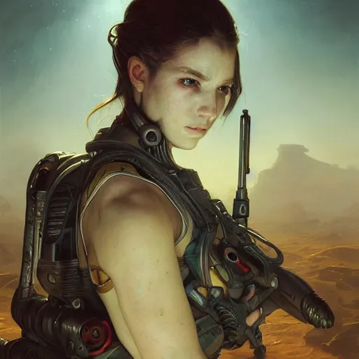 Prompt: portrait painting of a dimly lit futuristic rugged male and female rebel, alien world, colonisation, model pose, ultra realistic, concept art, intricate details, eerie, highly detailed, photorealistic, octane render, 8 k, unreal engine. art by artgerm and greg rutkowski and alphonse mucha