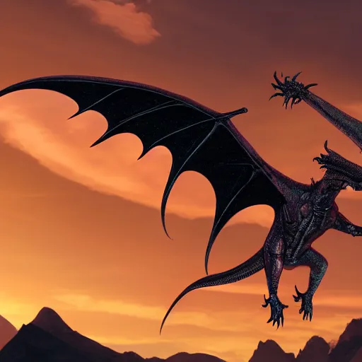 Image similar to a photorealistic alien that is a hybrid of a medieval dragon and a eagle in the sky during a sunset, ultra realistic, 4 k highly detailed
