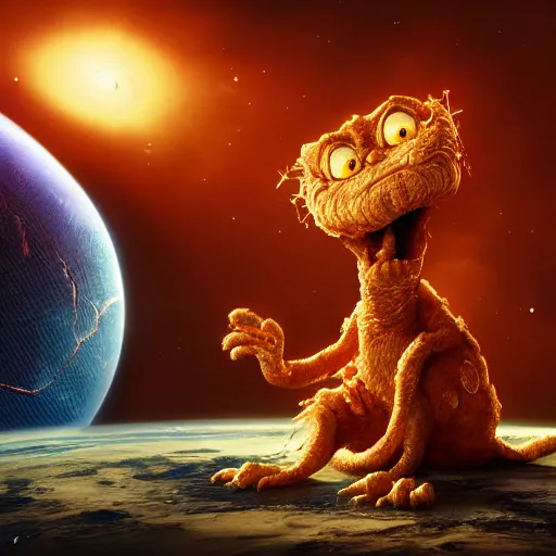 Prompt: one eldritch horror bloody garfield in space, galaxy, hd, 8 k, cinema footage, giant, epic, realistic photo, unreal engine, stars, prophecy, powerful, cinematic lighting, destroyed planet, debris, violent, sinister, ray tracing, dynamic, print, epic composition, dark, horrific, teeth, grotesque